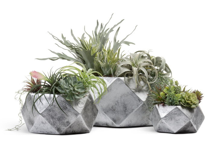 Кашпо TREEZ ERGO - Rombo - Низкая чаша-многогранник - Состаренное серебро фото